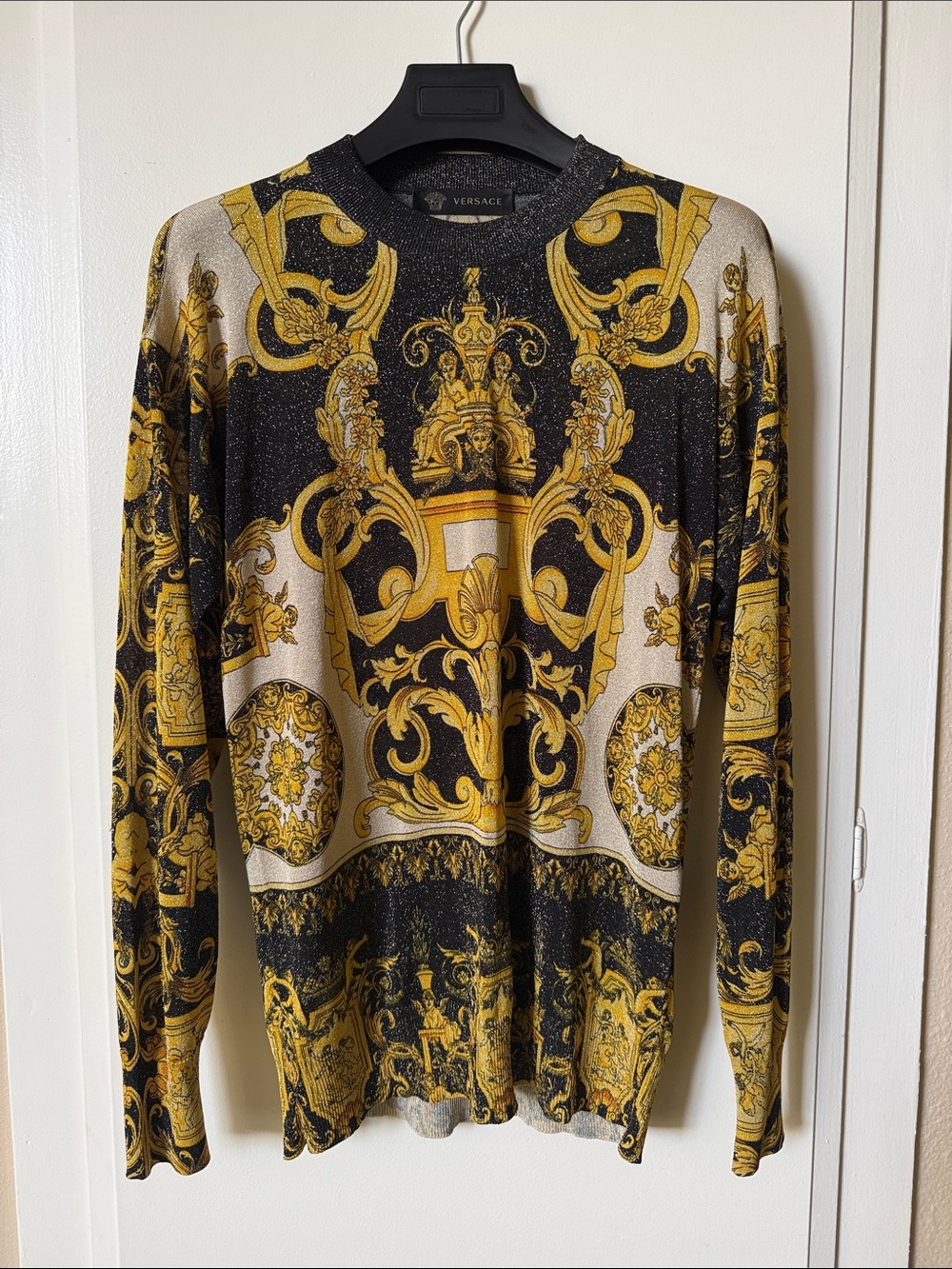 Versace Black and Gold Baroque-Print Long Sleeve Tee